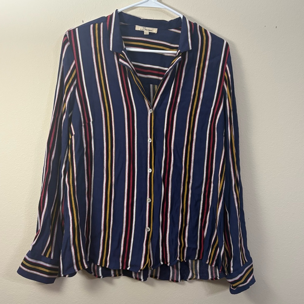 Serein Button Down Long Sleeve women’s XL striped blue, red & yellow cl